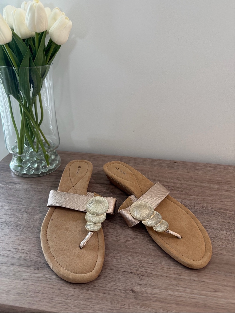 Alfani Metallic Rose Gold and Tan Leather Thong Sandals